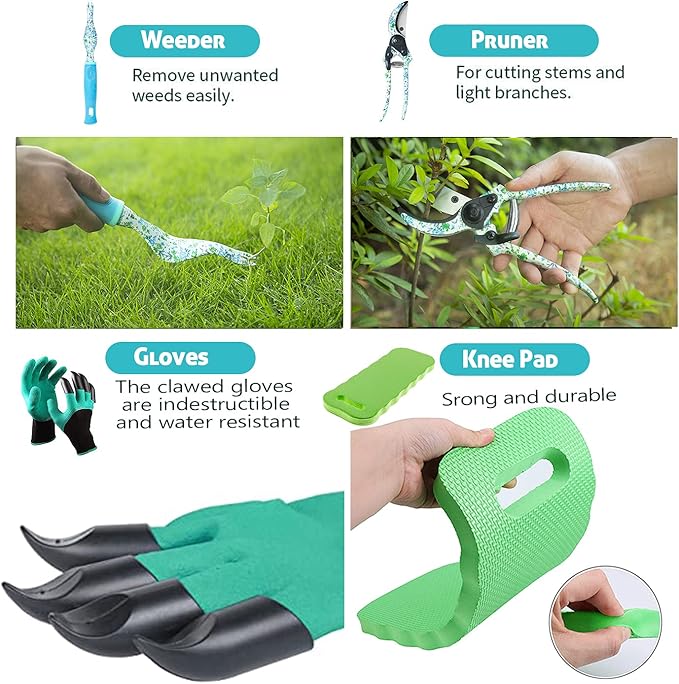 Garden Tool Set 9 Piece Aluminum Alloy Gardening Hand Tools Kit Gift for Women &amp Parent Gardening Supplies with GlovesToteKneeling PadHand PrunerTrowelHand RakeWeederForkTransplanter