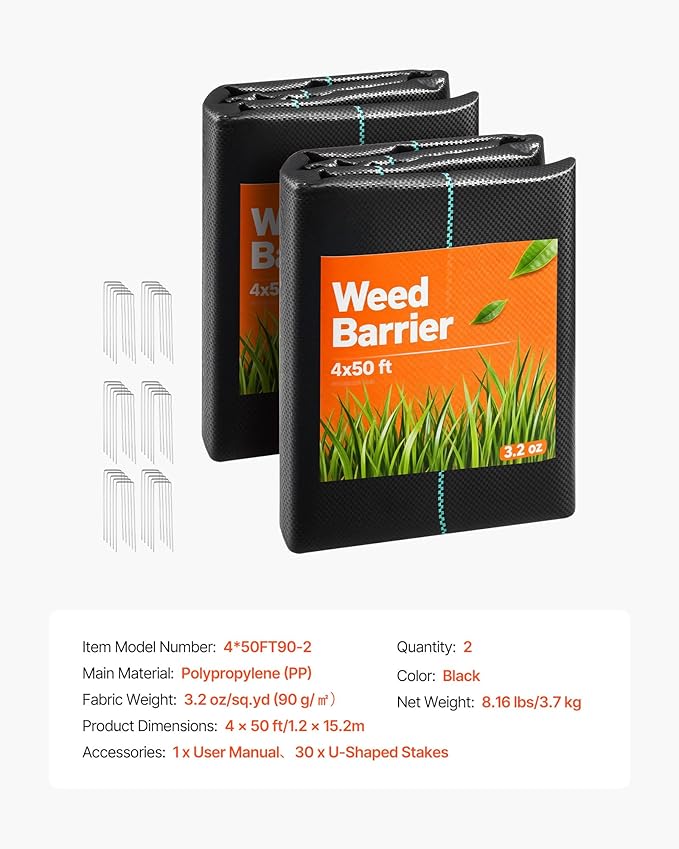 VEVOR Weed Barrier Fabric Heavy Duty 2 Packs 4x50FT 3.2oz Weed Blocker Fabric Woven Landscape Fabrics Garden Fabrics Weeds Barrier Weeds Control Ground Cover Geotextile Webbing Black