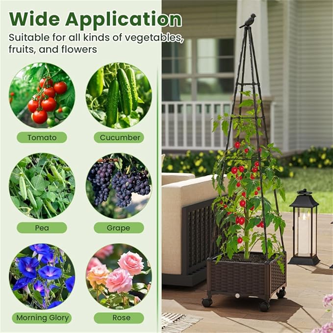 Garden Bed Planter Box with Trellis Tomato Planters for Climbing Plants Vegetable Vine Flowers Outdoor Patio Tomatoes Cage with WheelsPlanter Box with Trellis Easy Assembly &amp Expandable