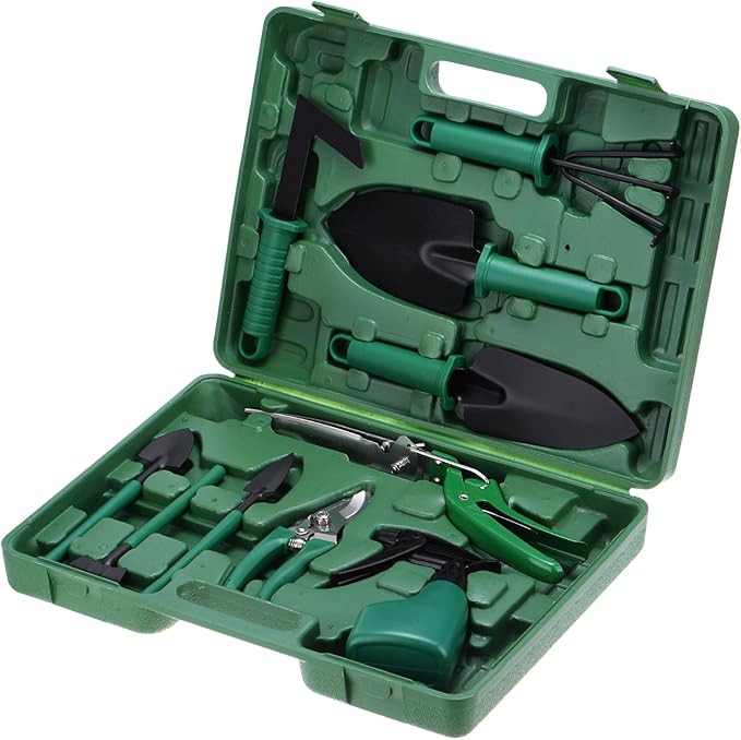 HARFINGTON 1 Set Garden Tool Set 10 Pieces Plastic Gardening Planting Tools Kit with Shovels Rake Scissor Trimmer Water Sprayer and Store Case Green