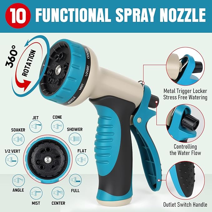 Heavy Duty Garden Hose 100 ft NON-EXPANDABLE Water Hose with 10 Function Spray Nozzle Lightweight Kink-less Hybrid Hose with Swivel Handle Male to Female Fittings