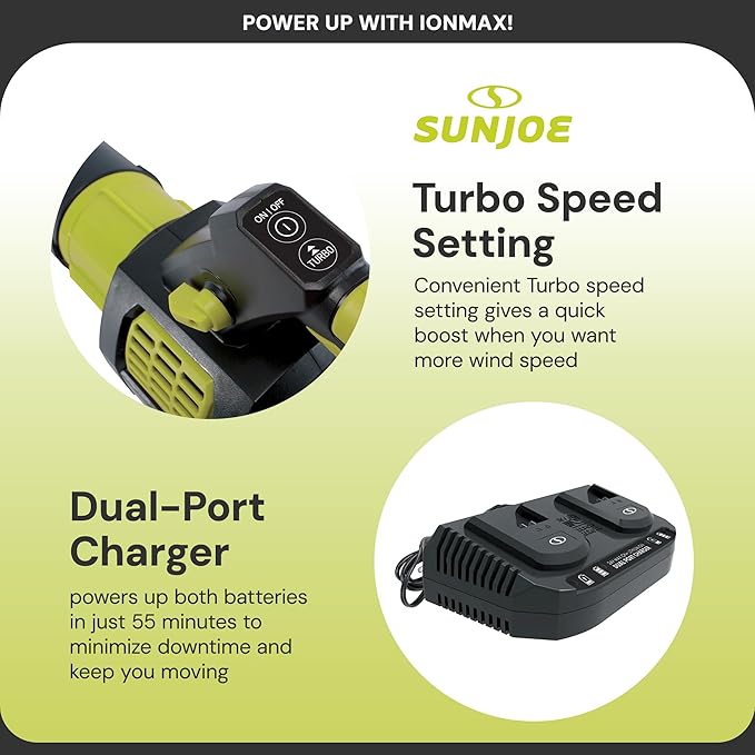 Sun Joe Cordless Brushless Turbine Jet Blower Kit with 2 Batteries &amp Charger 24V 133 MPH - Portable and Lightweight Battery-Powered Electric Equipment for Lawn Garden and Yard Care 24V-X2-JB5