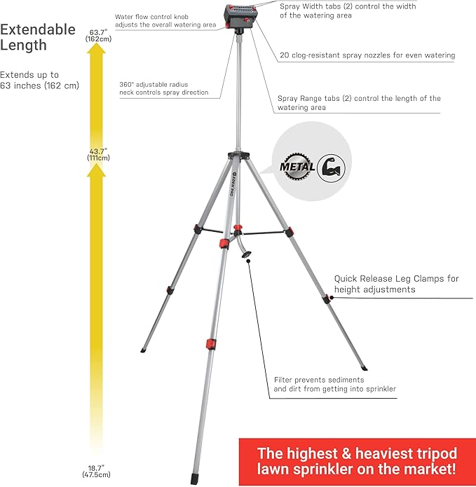 Eden 94154 PRO The Heaviest Weight Tripod (5.37 lbs) Adjustable 4-Way Mini Turbo Metal Oscillating Sprinkler W/Quick Connect Starter Set Covers up to 4069 sq. ft. Telescoping Tripod Style