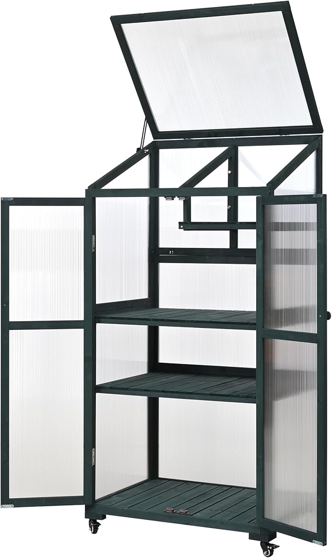 Polibi Wooden Greenhouse Cold Frame Portable Greenhouse with Wheels and Adjustable Shelves for Indoor Outdoor Patio Balcony Garden 31.5 Lx22.4 Wx62 H Forest Green