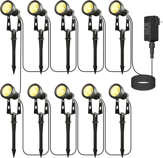 Outdoor Landscape Lighting 10-Pack Low Voltage LED Spot Lights with Transformer Waterproof IP65 Outdoor Landscape Lights for Garden Yard Backyard Lawn Trees House Flags – Warm White