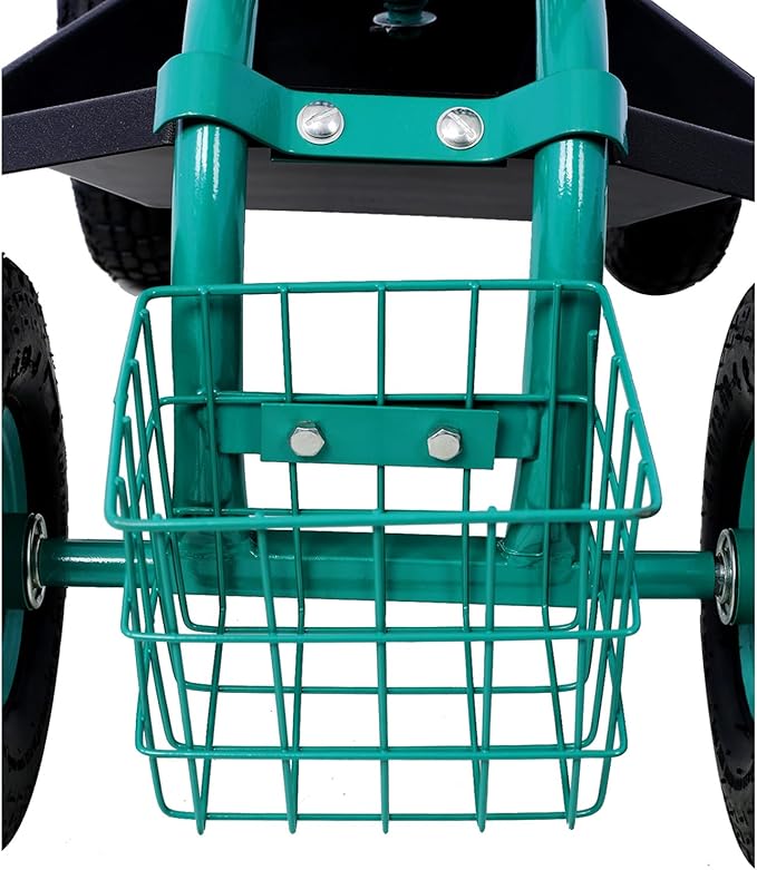 Garden Stool with 360 Swivel Seat Outdoor Rolling Garden Scooter with Adjustable Handle Tools Tray &amp Basket Garden Cart on Wheels Patio Wagon Work Seat with Wheels for Planting Weeding Green