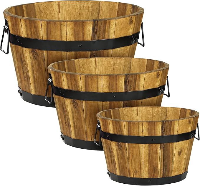 Idzo Set of 3 Wooden Flower Planters for Outdoor Plants Acacia Wood Barrel Planters Ergonomic Handles Drainage Holes Various Sizes Golden Teak