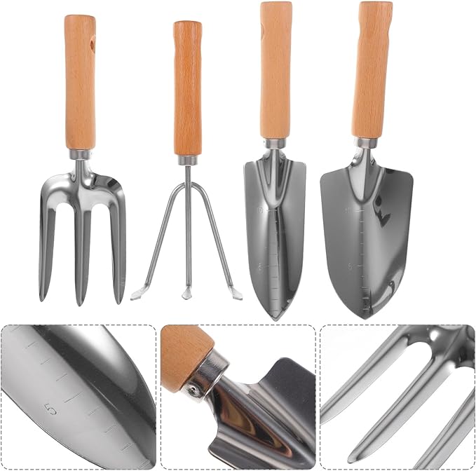 Garden Hand Tools Set 4pcs with Wooden Handles – Wide Shovel Pointed Trowel 3-Prong Rake Cultivator for Outdoor Gardening and Planting Yard Care