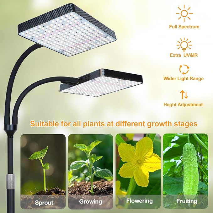 2026 2Head Desk Grow Light Big Coverage Tabletop Grow Lights for Indoor Plants Bonsai Seed Starting 4/8/12/16/20H Timer 50 Watt Power Draw NO Need Adapter 16-24 Height Adjustable