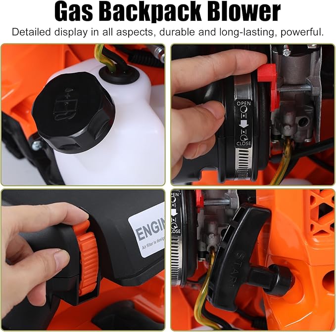 Backpack Leaf Blower 80CC 2 Stroke Gas Powered Backpack Leaf Blower 3.2KW High Power for Blowing Leaf Cleaning Dust with 2.3L Fuel Tank Adjustable Offset Handle Ergonomic Harness System 900CFM