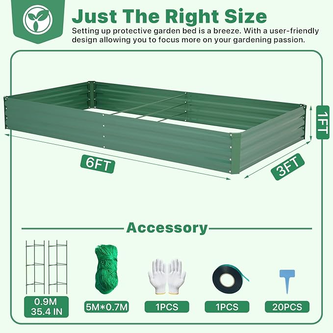 ONCEMORE Galvanized Raised Garden Bed for Vegetables Flowers Herbs Metal Raised Garden Bed Kit with 2 PCS Tomato Cage Gloves Trellis Netting Plant Labels Plant Ties Green 6×3×1FT