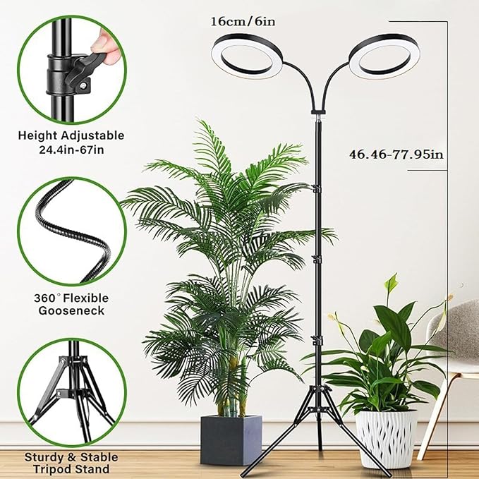 Dpofirs Grow Lights for Indoor Plants 108 LEDs Full Spectrum Plant Grow Light with 3/9/12H Timer 6 Brightness Levels Height Adjustable Lamp for Seedlings and Home (US Plug 2 Heads 20W Use 2A