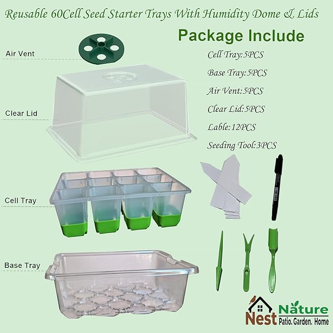 5-Pack Flexible Germination TraysReusable 60Cell Seed Starter Trays With Humidity Dome &amp Lids  Flexible Pop-Out Design BPA-Free Silicone Seedling Kit &amp Dishwasher Safe for Herbs/Vegetables/