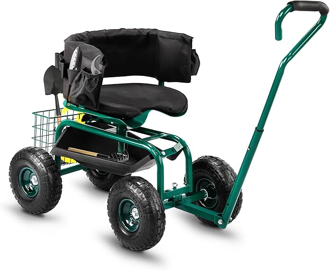 Rolling Garden Cart Garden Scooter with Seat &amp Tool Storage Steering Handles Gardening Helper with Wheels Adjustable Height &amp 360 Degree Swivel Seat Outdoor Gardening Workseat Green