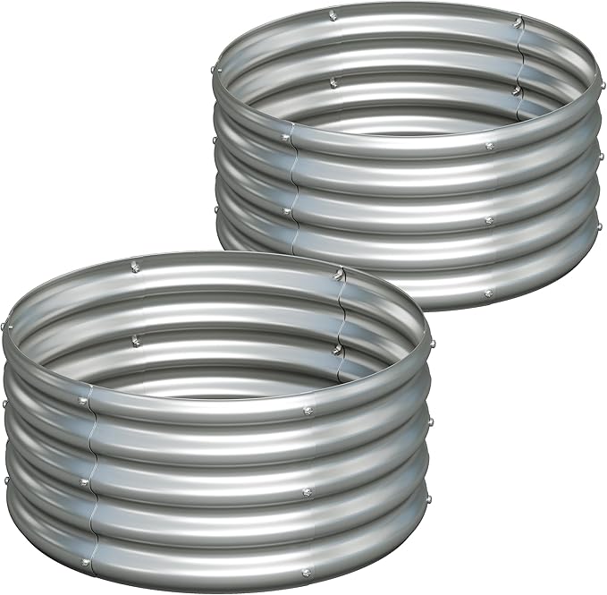 2PCS 2x2x1ft Galvanized Raised Garden Bed Kit-Round Garden Bed Outdoor Planter Box for VegetablesFlowersHerbsEasy AssemblySilver