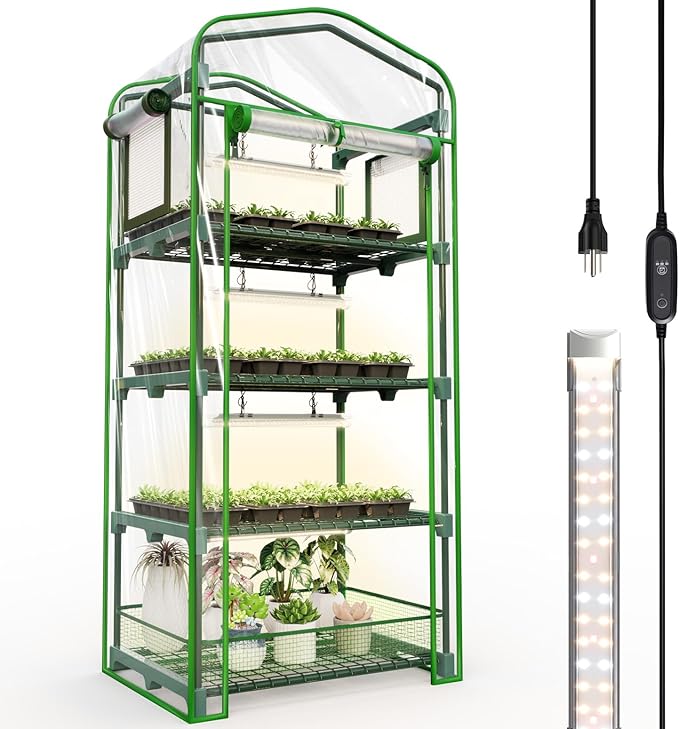 Bstrip Indoor Greenhouse with Grow Lights PVC Tent with Waterproof Base Mat Airflow Windows&ampZippered Door 4Pcs Grow Lights for Seed Starting with Timer 4-Tier Greenhouse Shelf 27.2x19.3x61.8in