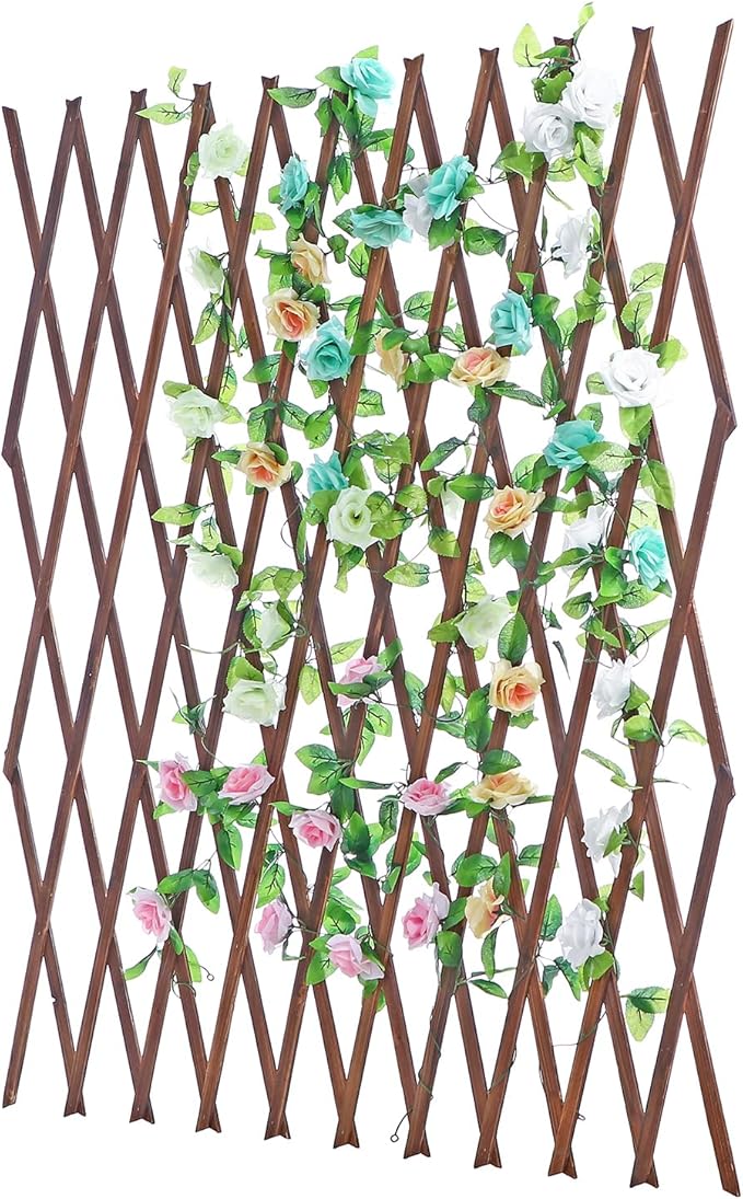 MyGift Nature Wood Trellis Expandable Wall Lattice Panels for Outside Decorative Lattice Trellis Frame for Climbing Plants Vine Ivy Rose Cucumbers Outdoor Balcony Garden