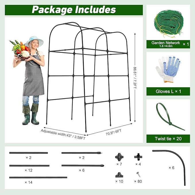 7ft Cucumber Trellis for Raised Bed Garden Arch Trellis for Climbing Plants Outdoor Indoor Metal Trellis Support with Net for Vegetables Tomato Zucchini Squash Beans Peas Melons Rose FlowersVines