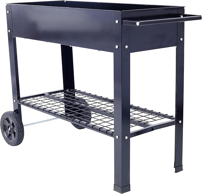 Products Elevated Mobile Raised Ergonomic Metal Planter Garden Bed for Backyard Patio wWheels Lower Shelf Black