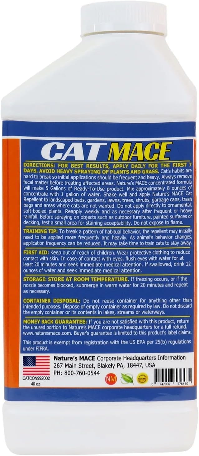 Nature's Mace Cat Mace Cat Repellent Outdoor &amp Indoor All Season Training Tool Chewing Digging Marking Keep Cats Off of Lawn Garden Pee Deterrent Pets Plants 40 oz Spray &amp Concentra
