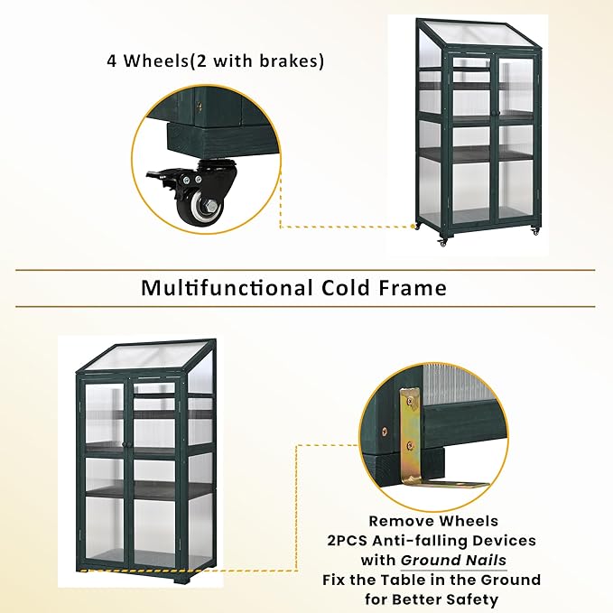 Mini 4-Tier Greenhouse with Locking Wheels 62 Inch Height Portable Wooden Green House Cold Frame with Adjustable Shelves and Vent Small Garden House for Outdoor Indoor Forest Green