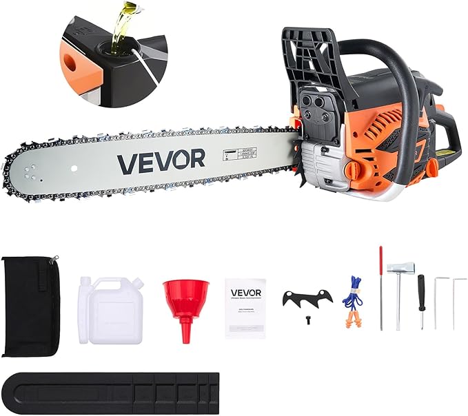 VEVOR 20inch 62CC Gas Powered Chainsaw 3.8 HP 2 Stroke Engine Gas Power Chainsaws with Non-Slip Handle Gas Chainsaws with Dual Fuel Tanks For Wood Cutting Tree Trimming and Land Clearing