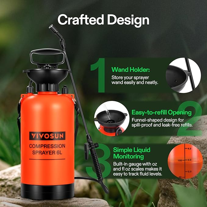 VIVOSUN 1.59-Gallon Pump Pressure Sprayer Pressurized Lawn &amp Garden Water Spray Bottle with Adjustable Shoulder Strap for Plants Spraying Garden Watering and Household Cleaning