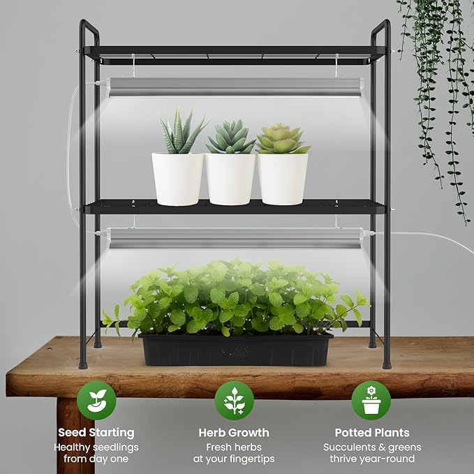SOLIGT Tabletop 2-Tier Plant Stand Shelf with Grow Lights 36W Full Spectrum 5000K Timer &amp Dimmable Lights Indoor Herb Garden Seed Starting Plant Rack Organizer for Desk &amp Kitchen Counter