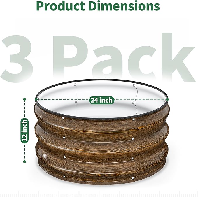 Kesfitt Round Metal Raised Garden Bed 2x2x1 FT 12-Inch Deep Galvanized Steel Garden Bed with Open Bottom for Vegetables &amp Herbs Walnut Finish 3 Pack