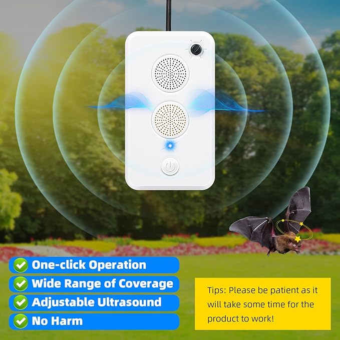 2 Pcs Ultrasonic Bat Repellent for Attic Porch Outdoor Indoor Use Rechargeable Bat Deterrent Devices Electronic Bird Repellent Bats Keep Away Reject Repelling System Removal Device for House Home