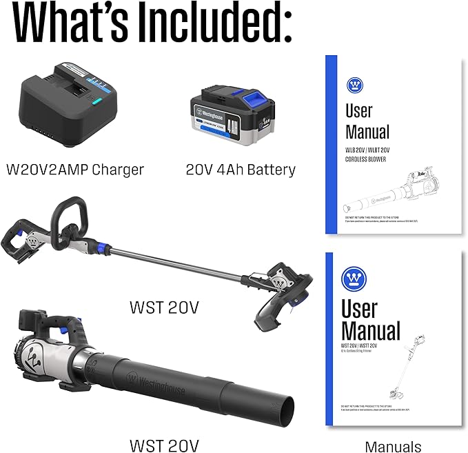 Westinghouse 20V Cordless Leaf Blower 350 CFM 110 MPH + 2-in-1 Cordless String Trimmer and Edger 12 Inch Cutting Path with 4.0Ah Battery and Charger