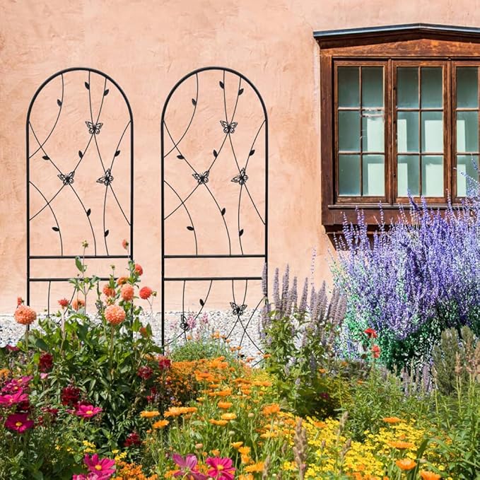 Sturdy Metal Garden Trellis for Climbing Plants – Rust-Resistant Outdoor Flower Support with Decorative Butterfly Design (2 Pack-H71'')