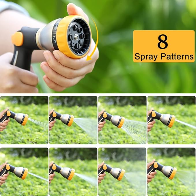 FANHAO Garden Hose Nozzle 100% Heavy Duty Metal Spray Nozzle with Thumb Control High Pressure Water Nozzle with 8 Adjustable Spray Patterns for Watering Plants Washing Cars and Showering Pets