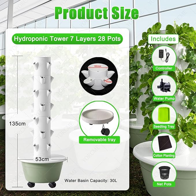 Hydroponics Tower Garden Hydroponic Growing System Aeroponics Growing Kit Indoor Herb Garden Kit with Hydrating Pump Controller for Herbs Fruits A(28Pots)