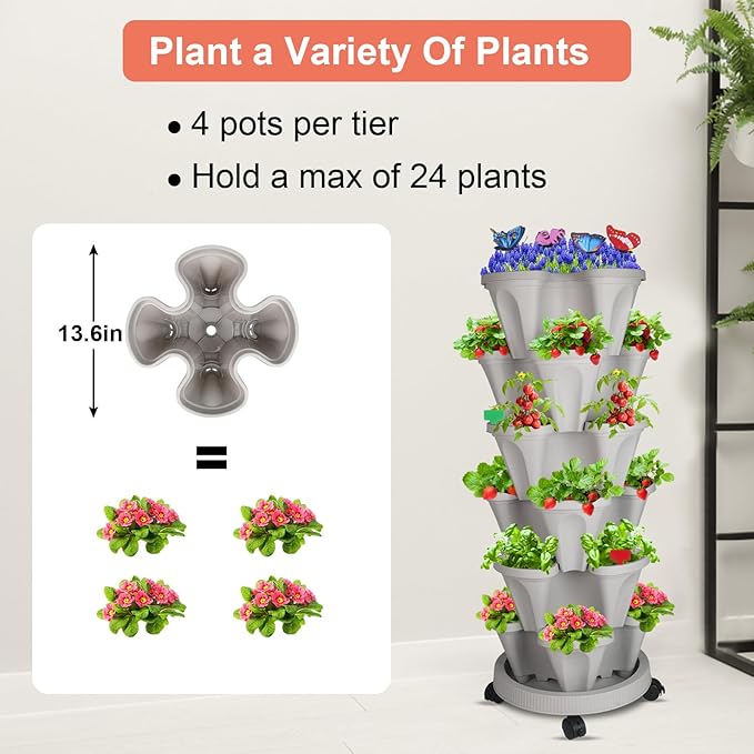 GameXcel Vertical Planter 6 Tier Stackable Strawberry Planter with Garden Tool Set Movable Indoor/Outdoor Garden Herb Pot for Growing Vegetables and Succulents Gray