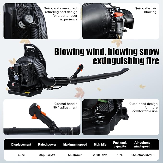 Backpack Leaf Blower 63CC 665 CFM 3HP 2-Stroke Engine Gas Leaf Blower High Strength Gas Powered Snow Blower Dust Blower for Outdoor from USA Fast Arrival (EB650-Black)