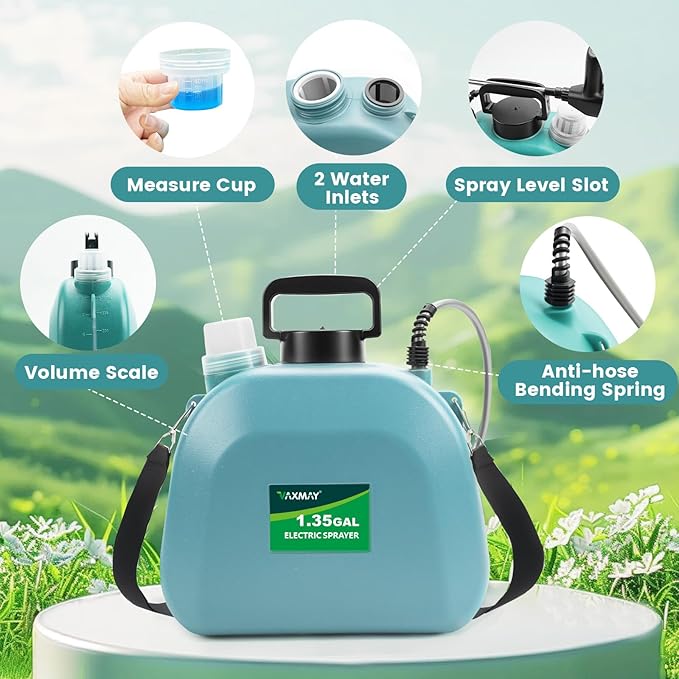 Battery Powered Sprayer 1.35 Gallon 2026 Electric Garden Sprayer with 3 Adjustable Speeds 4 Mist Nozzles Rechargeable Handle Retractable Wand with Adjustable Shoulder Strap for Weed Lawn(Blue)