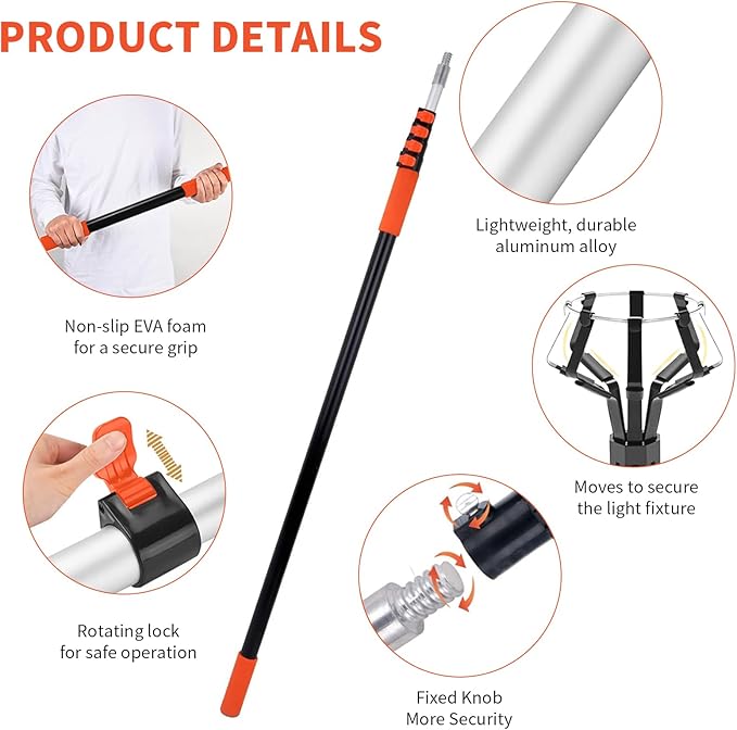 Light Bulb Changer for High Ceilings 5-20FT Telescopic Pole 26FT Max Reach Segment Lock &amp Non-Slip Grip Suction Cup &amp Basket for Multi-Type Bulbs 3/4 Acme Thread for Home/Commercial Use