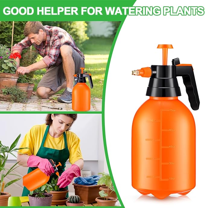 Nuogo 3 Pcs Handheld Pump Sprayer 2L Manual Garden Pressure Sprayer Pump Spray Bottle with Adjustable Brass Nozzle for Lawn Plants Weeds Spraying Watering(Orange)