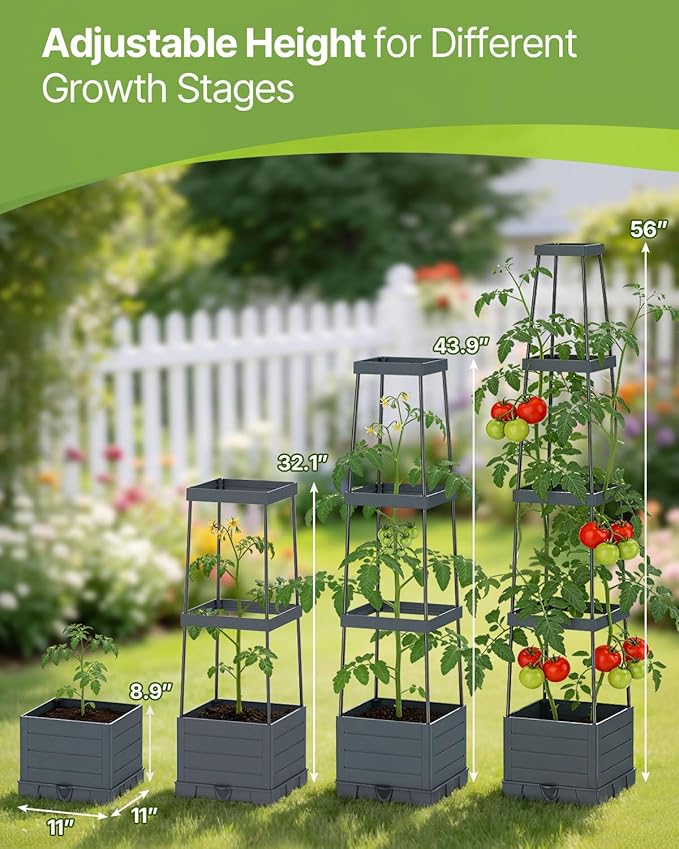 Suteck Raised Garden Bed Planter Box with Trellis 2-Pack Self-Watering Tomato Planter with Adjustable Height Steel Support Frame for Climbing Plants Tomato Cages for Patio Balcony &amp Outdoor