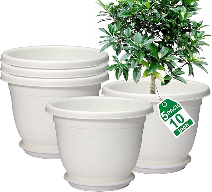 5 Packs 10 inch Plant Pots + Saucer Planters for Indoor &amp Outdoor Plants with Drainage Holes | Plastic Flower Pots Large Planter (Beige 10 inch)