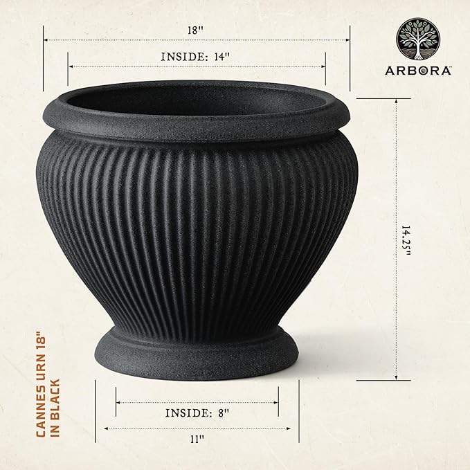 ARBORA 18 Cannes Urn Polyresin Indoor and Outdoor Planter with Classic Black Finish - Durable Weatherproof Lightweight Large Plant Pot for Patio Garden Deck Entryway