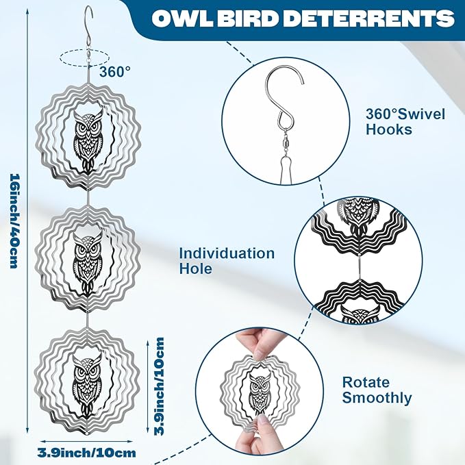 14 Pcs Bird Scare Reflective Device Set Bird Spinning Deterrents for Pigeon Woodpeckers Hanging Discs Owl Wind Spinner Scare Reflectors Owl Repels Device for Outdoor Outside Garden Roof