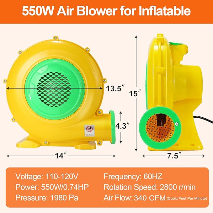 Bounce House Blower 550W/0.73HP Commercial Air Blower with Double-Sided Fan Blade Design Strong Wind and Great Heat Dissipation Properties for Bouncy Castle Jump Slides Arch Inflatables