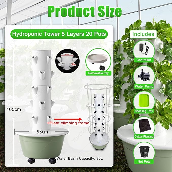 Patio Grow ColumnHydroponic Growing Systems Vertical Hydroponic Tower with Controller Garden Hydroponic Towerfor Indoor and Outdoor Use B(20Pots)
