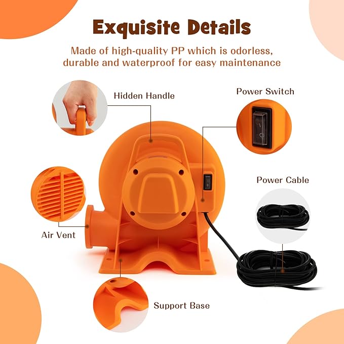 Costzon Air Blower 0.7HP Blower for Bounce House with 25FT SJTW Wire &amp Stakes GFCI Plug ETL 550W Perfect for Inflatable Bouncer Blower Orange IPX4 Air Blower for Inflatables