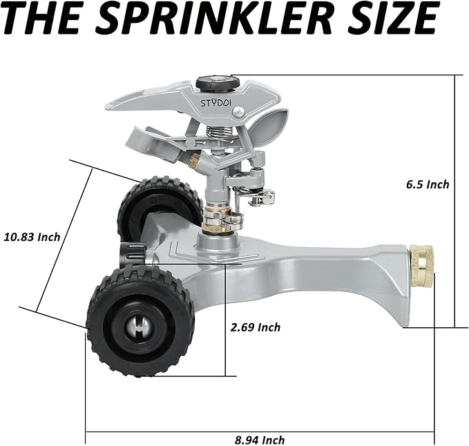 STYDDI Metal Pulsating Sprinkler on in-Series Metal Wheeled Base Adjustable Circular Water Sprinkler for Medium to Large Circular Lawn Yard Garden and Large Areas Coverage up to 6360 Sq. ft