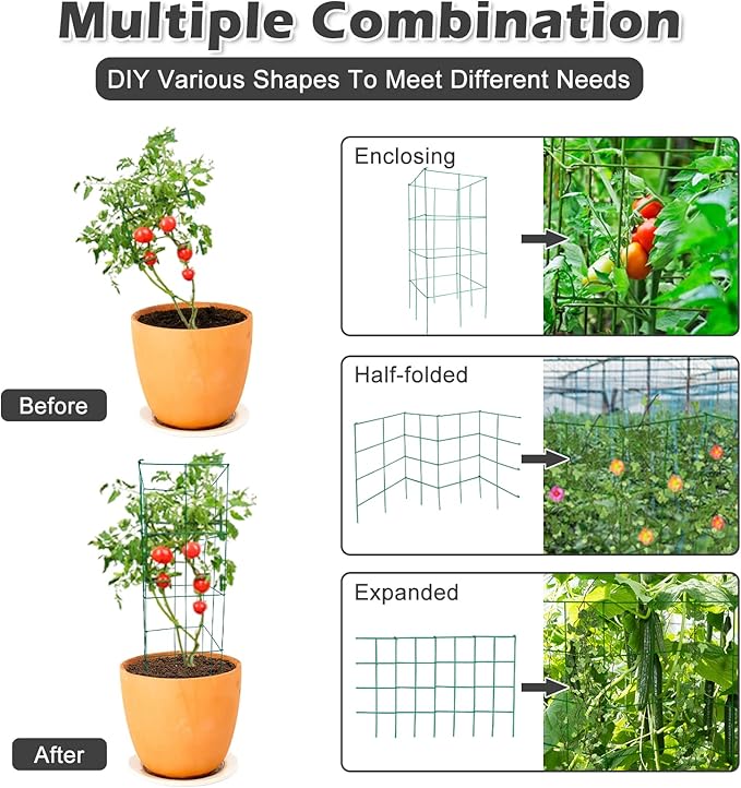 Barbella Tomato Cage 4 Pack Plant Support Cage Square Folding Tomato Cages Garden Plant Support Stake Tower with Clips and Ties Garden Trellis Plant Cage for Vertical Climbing Plants (Green)