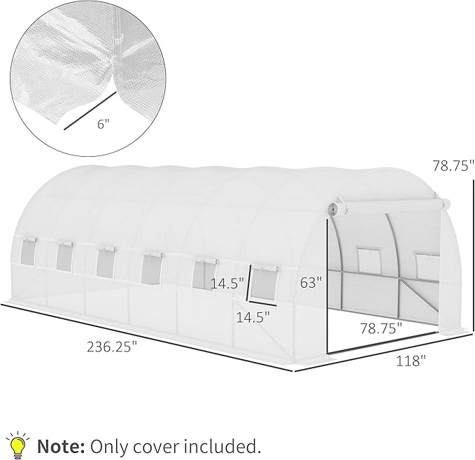 20'x10'x7' UV Resistant Weatherproof PE Greenhouse Replacement Cover with 12 Windows Rollup Zipper Door White