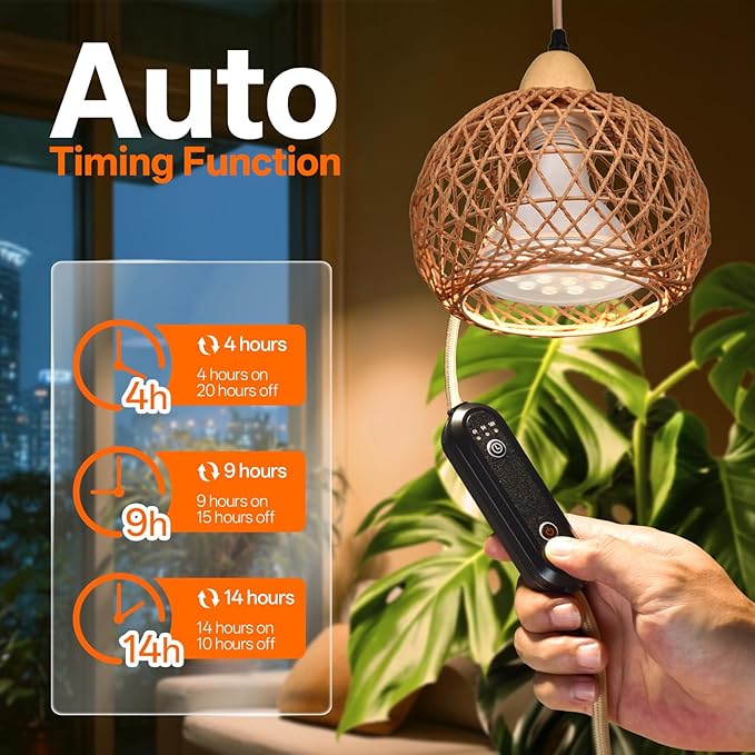 Bstrip Hanging Grow Lights for Indoor Plants 18W Full Spectrum Plant Light with 4H/9H/14H Timer 15.9 FT Power Cord &amp Boho Rattan Shade 3800K Hanging Lights for Indoor Plant Tall Plant Flowers
